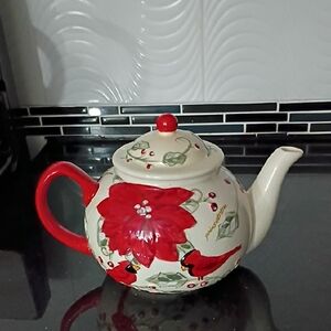 Retro Tea Pot Holiday Theme Poinsettia 's And Red Cardinal Embossed